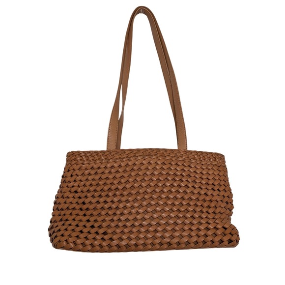 Fossil 75082 Leather Woven Basketweave Shoulder Bag Tan Camel Medium Tote - Picture 2 of 10